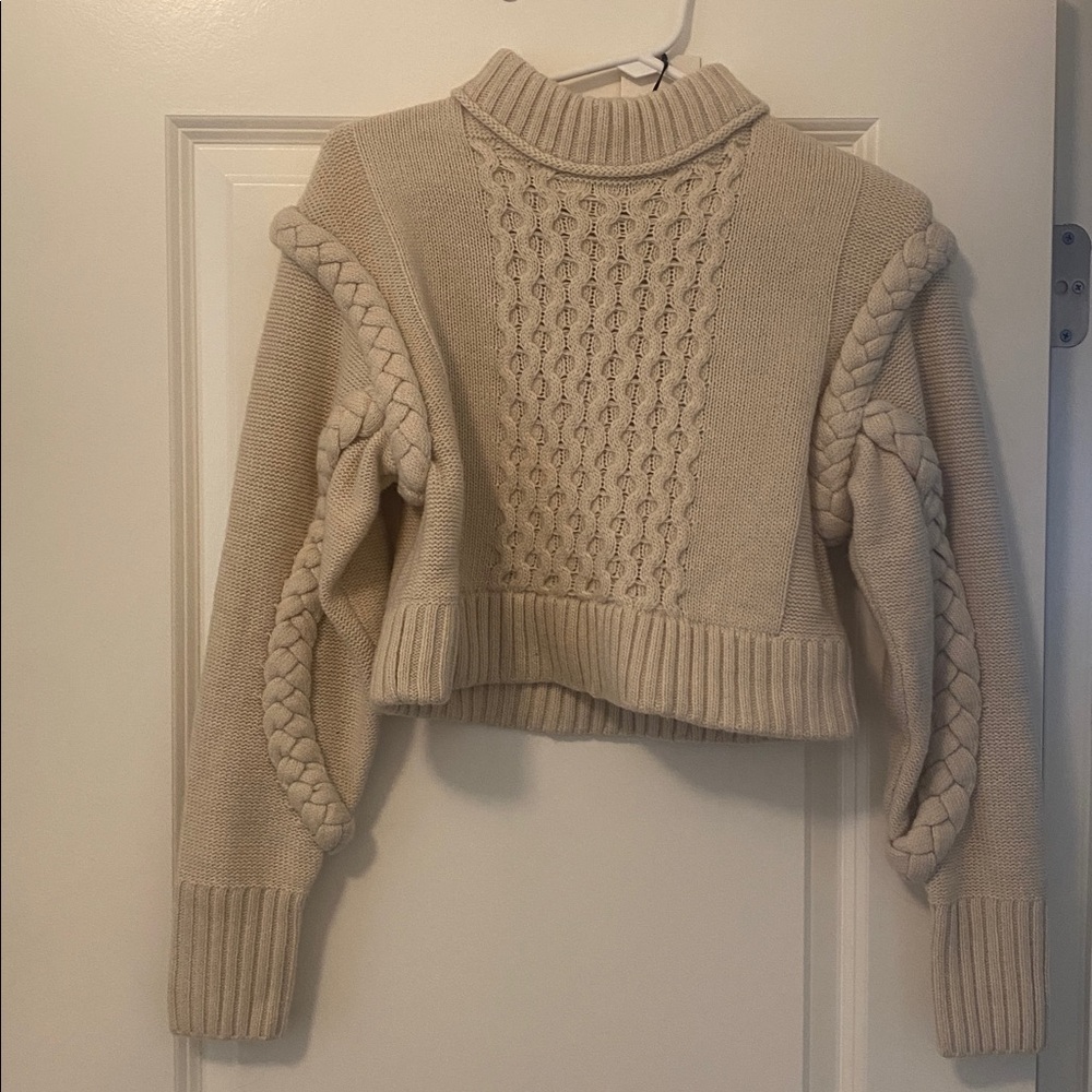 Zara Cream Braided Cable-Knit Cropped Sweater